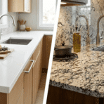 modern kitchen comparison showing white quartz countertop and natural granite countertop with sink and cabinets