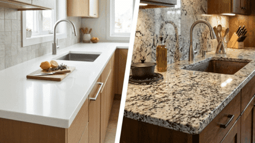 modern kitchen comparison showing white quartz countertop and natural granite countertop with sink and cabinets