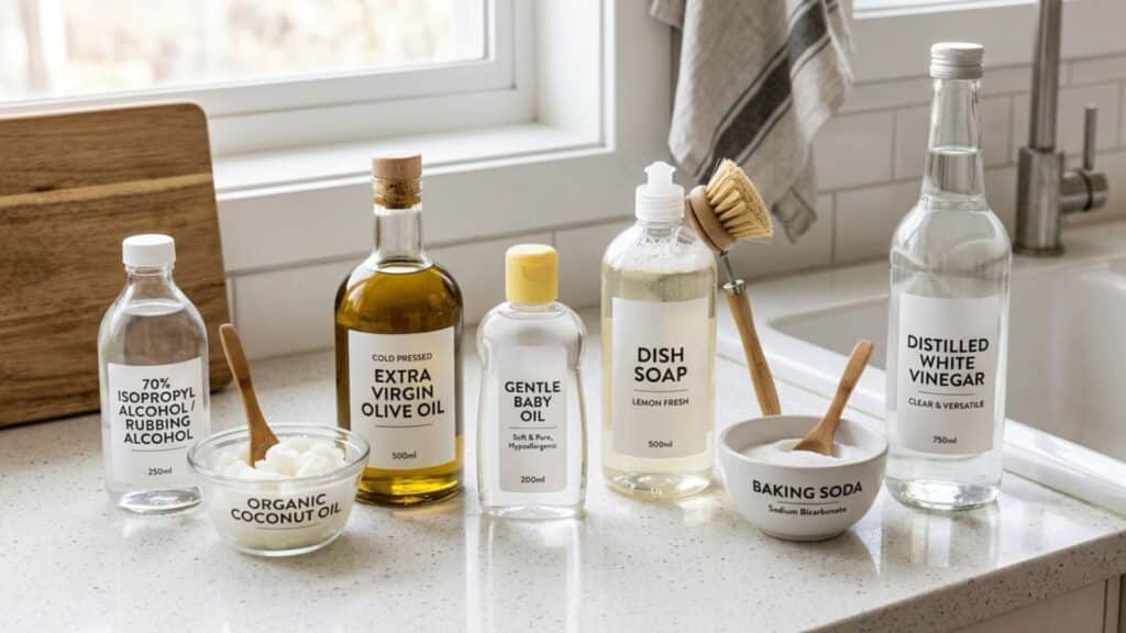 modern kitchen flat lay of labeled household cleaning and pantry essentials on a white countertop