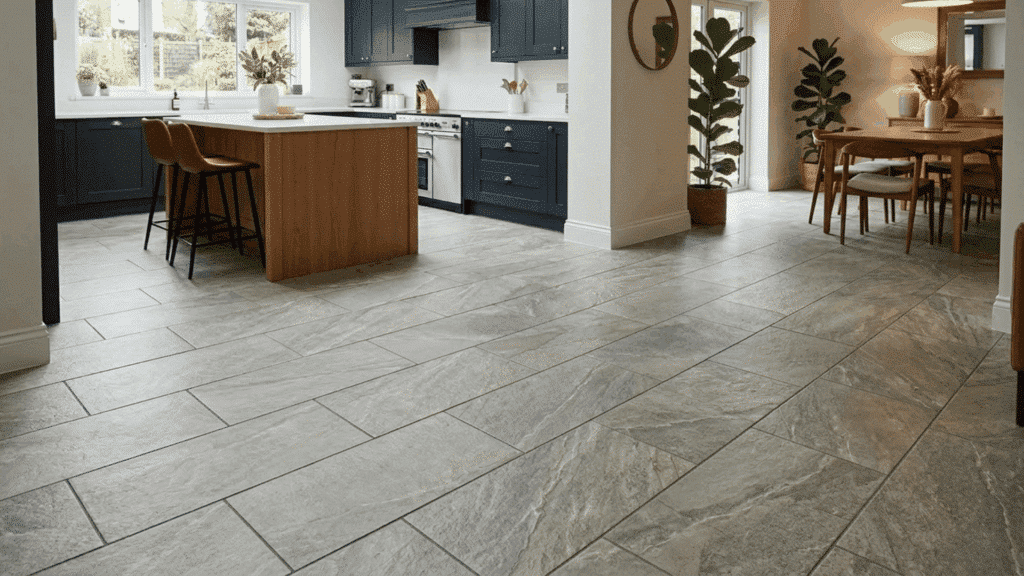 modern kitchen with large luxury vinyl tile flooring design.