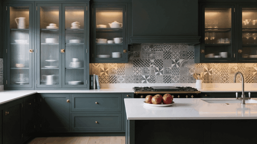 modern kitchen with reeded (fluted) glass cabinet fronts that diffuse light beautifully and add texture and sophistication