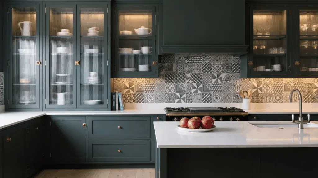 modern kitchen with reeded (fluted) glass cabinet fronts that diffuse light beautifully and add texture and sophistication