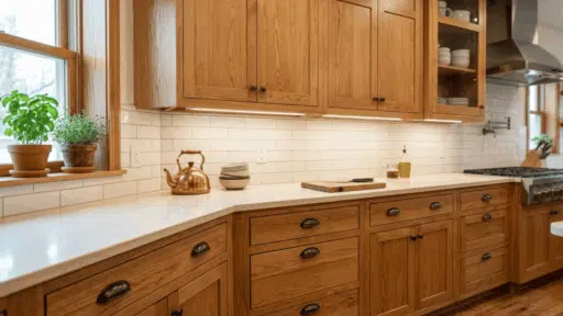 modern kitchen with refinished wooden cabinets, white backsplash, and stainless steel range.