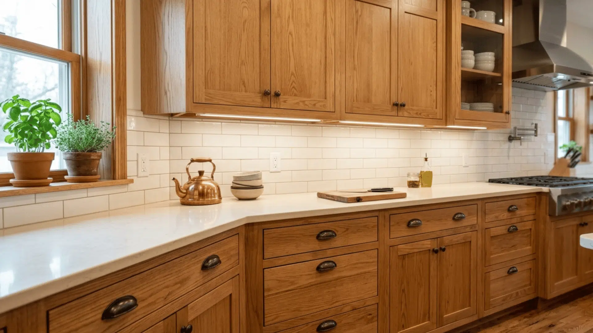 modern kitchen with refinished wooden cabinets, white backsplash, and stainless steel range.