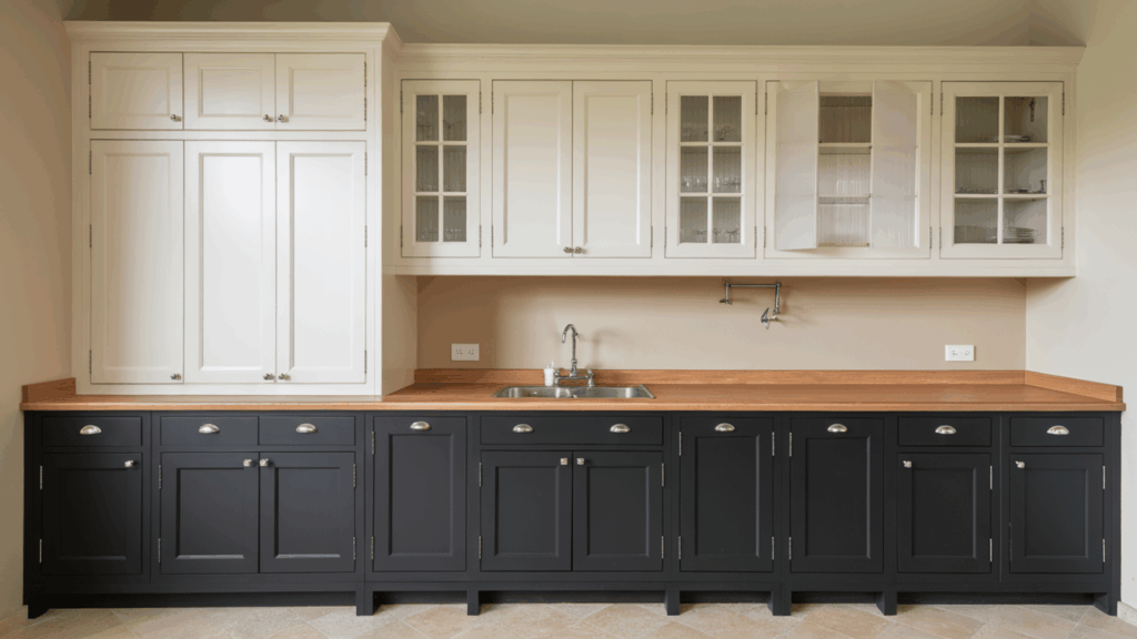 modern kitchen with two-tone cabinets, featuring darker lower cabinets and lighter upper cabinets for a balanced and dynamic look