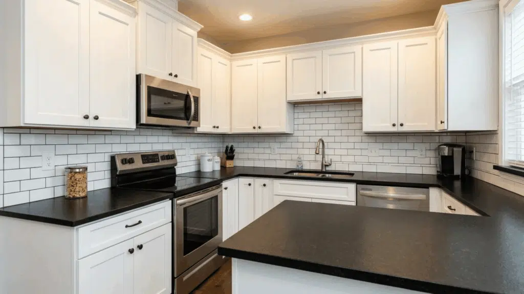 modern kitchen with white cabinets, black countertops, and subway tile backsplash.