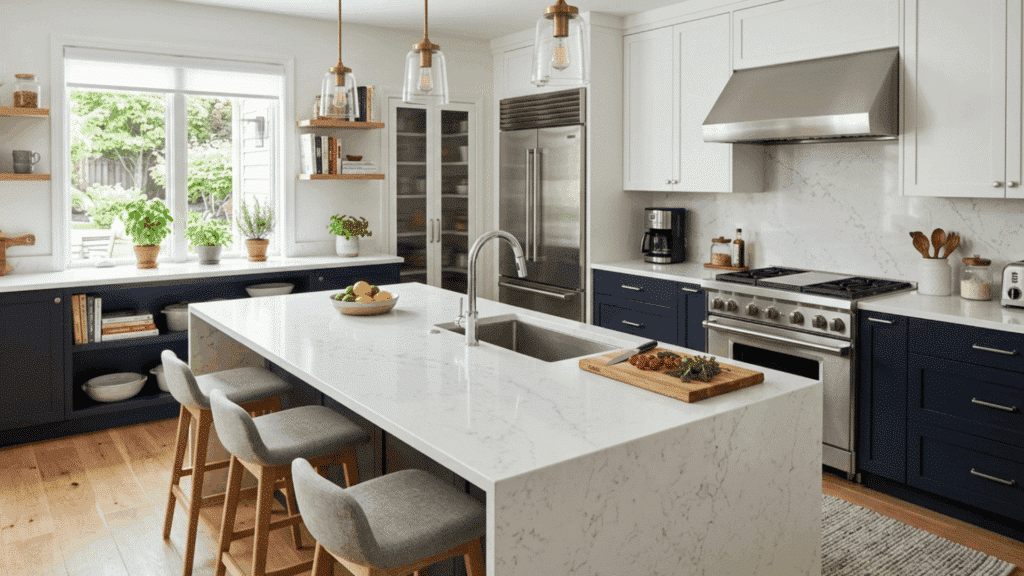 modern kitchen with white quartz countertop island, sleek cabinets, and stainless steel appliances