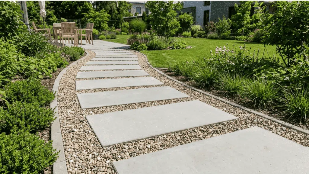modern landscape design with concrete pathway and gravel borders leading through a landscaped garden.