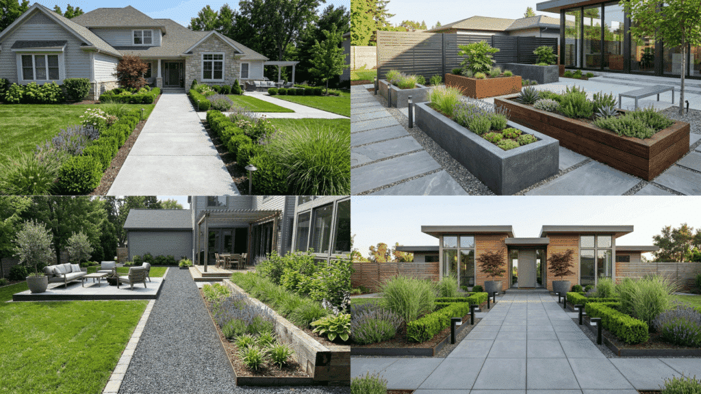 modern landscaping designs with straight paths, raised planters, and minimal greenery layouts.