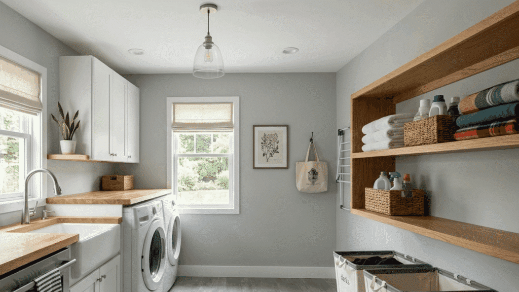 modern laundry room with gray walls, wood counters, and storage bins.