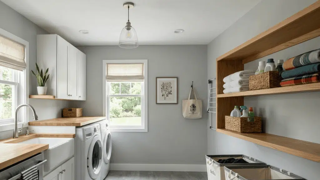modern laundry room with gray walls, wood counters, and storage bins.