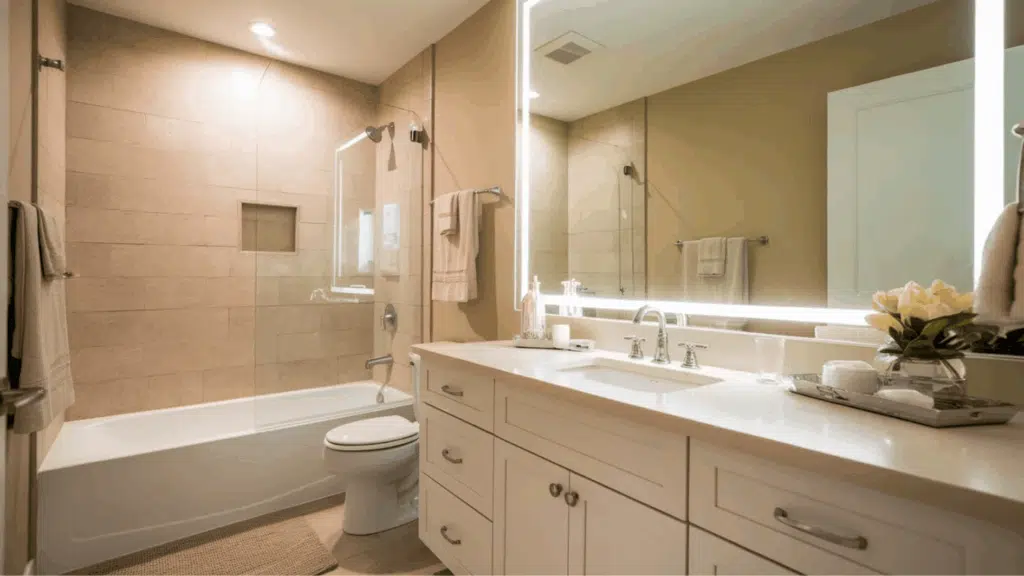modern lights and mirrors in bathroom