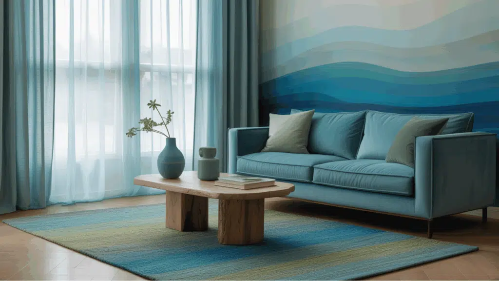 modern living room using analogous blue tones with sofa, curtains, and gradient wall.