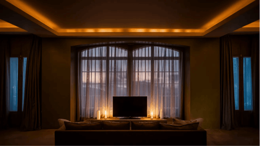 modern living room with a TV on a wood console, neutral curtains, leafy plants, and art on illuminated floating shelves.