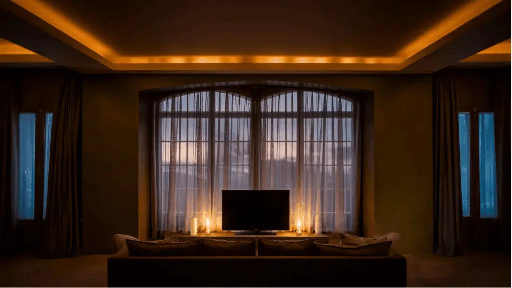 modern living room with a TV on a wood console, neutral curtains, leafy plants, and art on illuminated floating shelves.