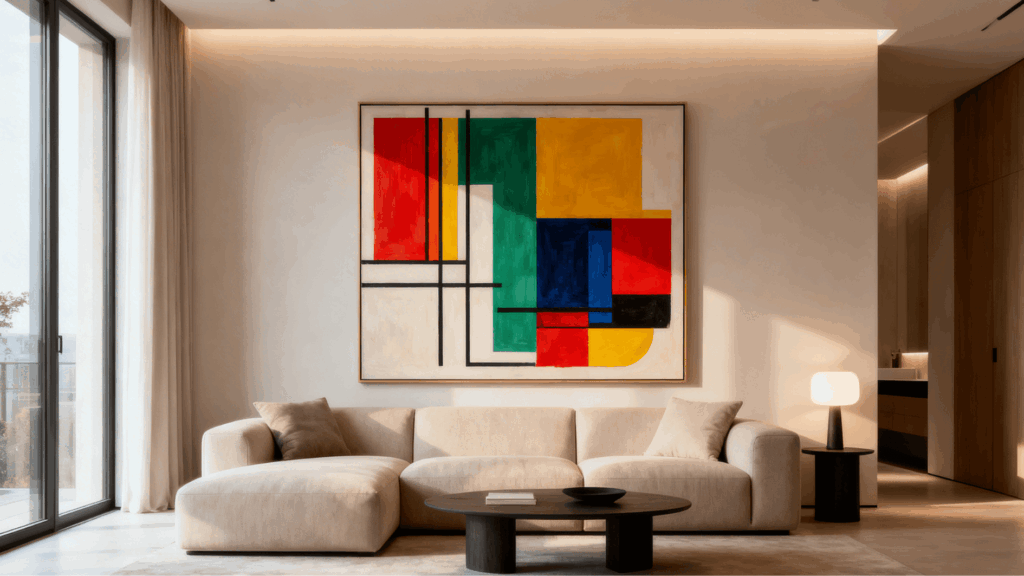 modern living room with beige sofa, abstract colorful wall art, round table, soft lighting, and minimal decor near large window