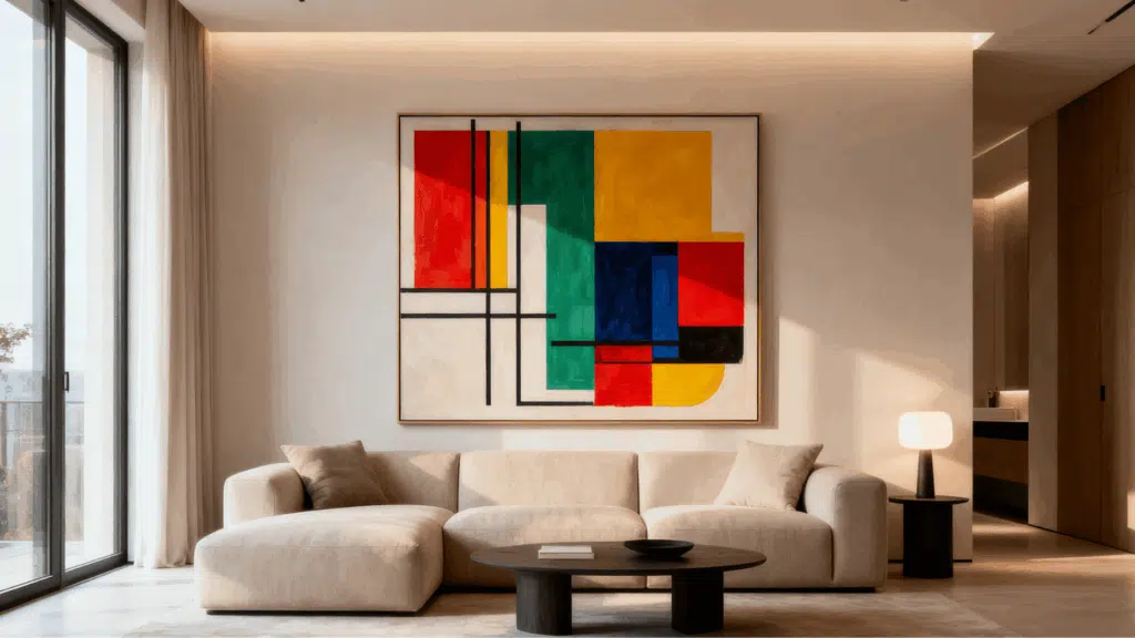 modern living room with beige sofa, abstract colorful wall art, round table, soft lighting, and minimal decor near large window