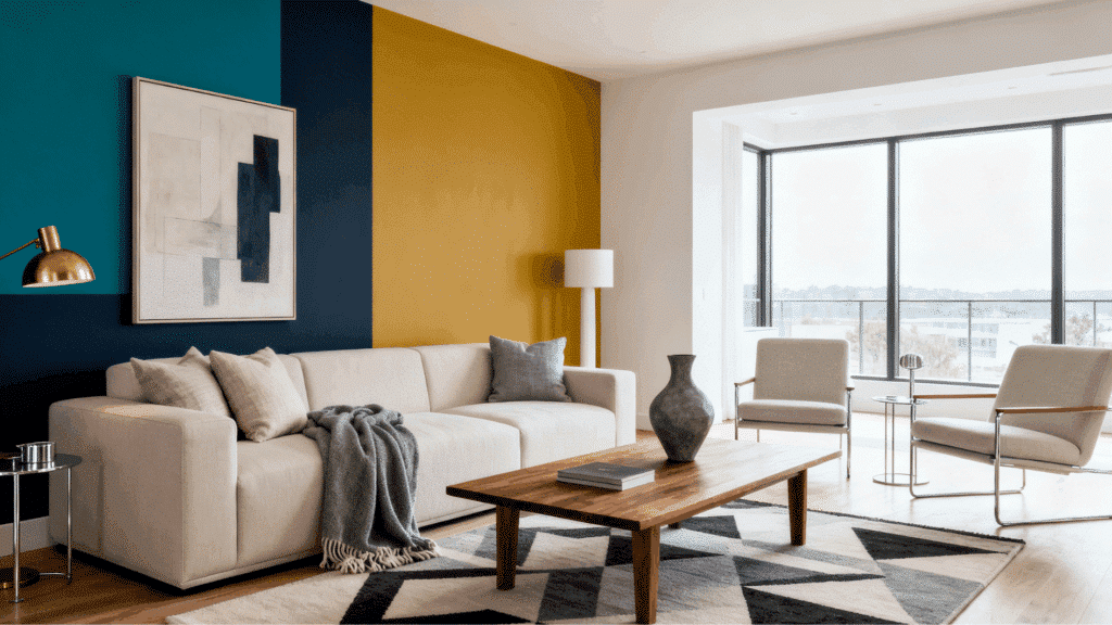modern living room with beige sofa, bold blue and mustard wall, wooden table, neutral chairs, and large window view