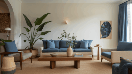 modern living room with blue cushions, wooden coffee table, large plant, and neutral walls