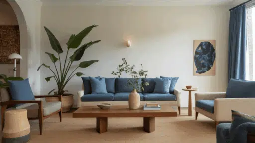modern living room with blue cushions, wooden coffee table, large plant, and neutral walls