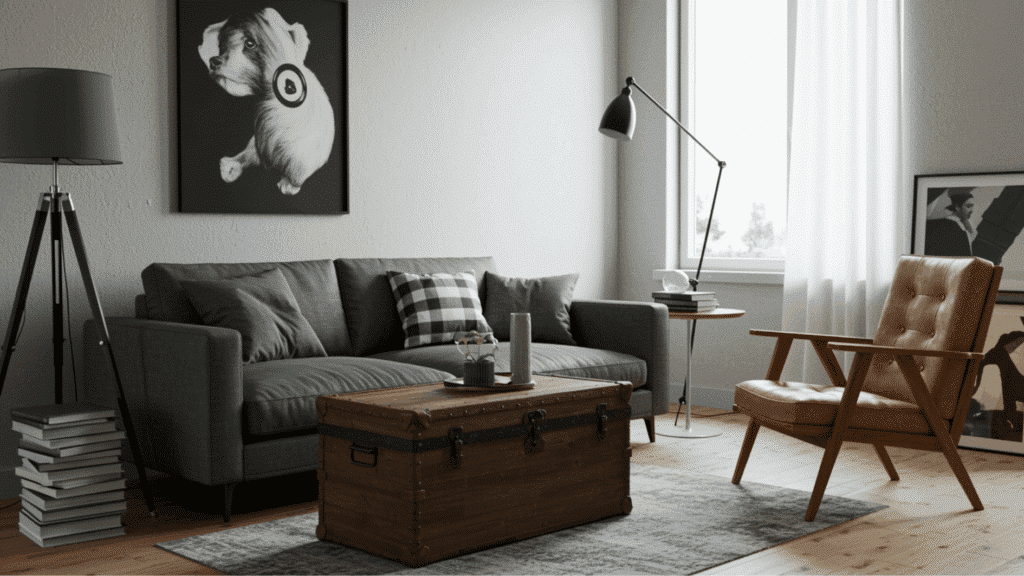 modern living room with gray sofa, leather chair, wooden trunk table, floor lamp, dog wall art, and bright window light