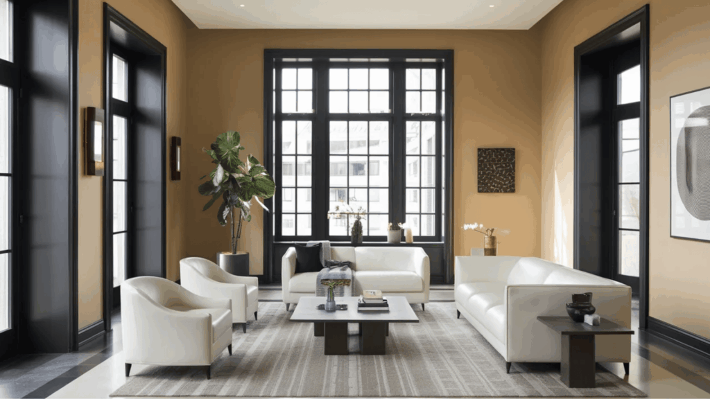 modern living room with large energy-efficient windows, natural light, neutral tones, and minimal furniture for better insulation