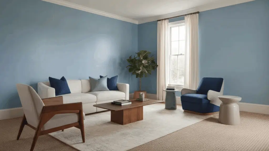 modern living room with light blue walls, minimalist furniture, and natural textures