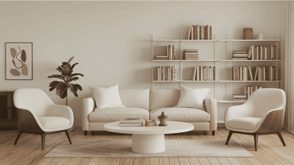 modern living room with matching armchairs, neutral sofa, white shelving, and cohesive wood accents