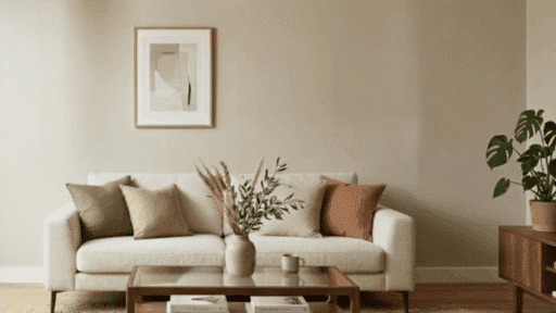 modern living room with smooth painted wall indoor plants and large window with natural light