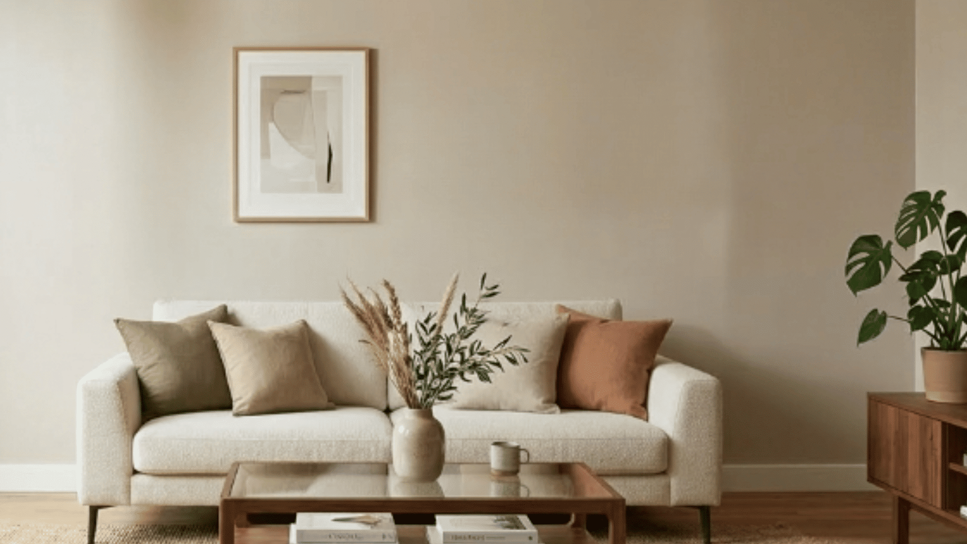 modern living room with smooth painted wall indoor plants and large window with natural light