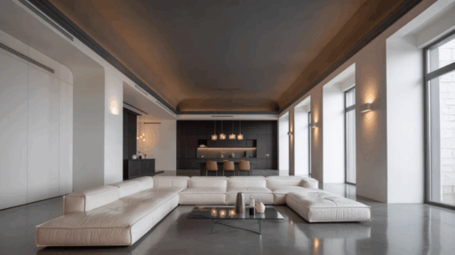 modern living room with white modular sofa, sleek black kitchen in the background, large windows, and a minimalist ceiling with integrated lighting