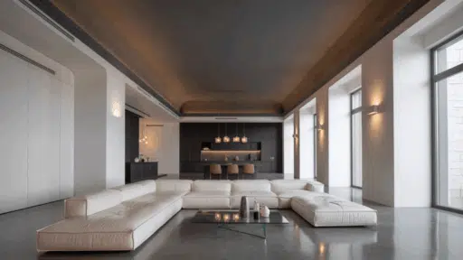 modern living room with white modular sofa, sleek black kitchen in the background, large windows, and a minimalist ceiling with integrated lighting