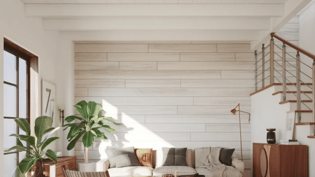 modern living room with white shiplap accent wall, wooden staircase, beige sofa, mid-century chair, and indoor plants in natural sunlight
