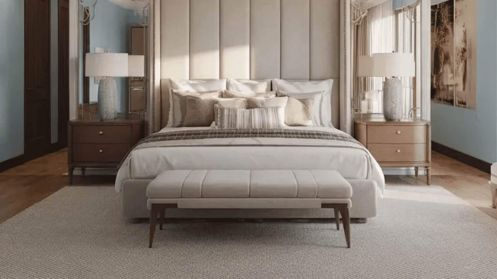 modern master bedroom layout with king bed, bench seating, nightstands, and large window lighting