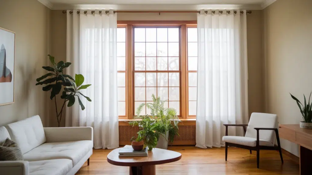 modern minimal grommet curtains with sleek metal rings, hanging neatly in a contemporary living room with clean lines