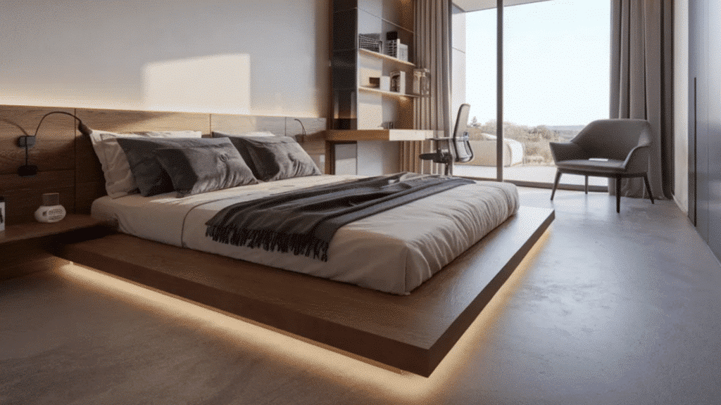 modern minimalist bedroom with a low wooden platform bed, soft under bed lighting, built in desk, and large sliding glass doors