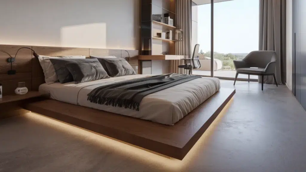 modern minimalist bedroom with a low wooden platform bed, soft under bed lighting, built in desk, and large sliding glass doors