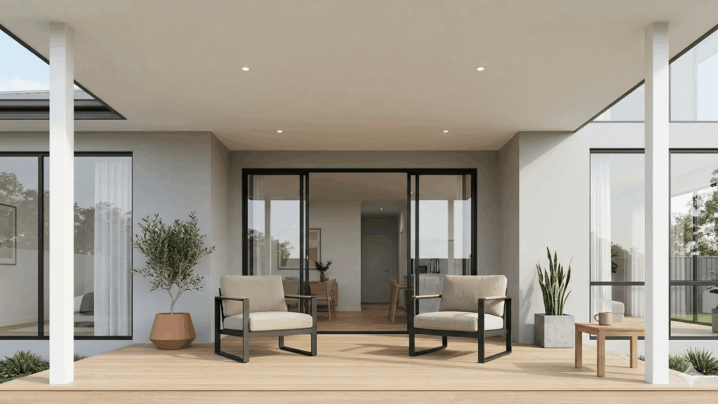 modern minimalist porch with smooth white ceiling, recessed lights, simple seating with neutral cushions, large glass doors, and clean architectural lines.