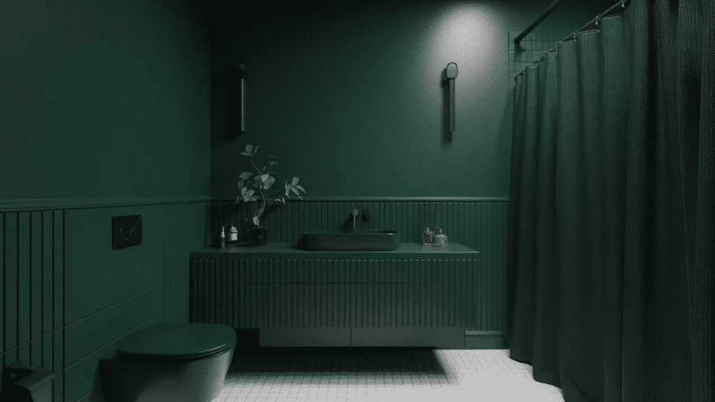 modern monochrome green bathroom with a wall mounted sink and ribbed vanity, matching green toilet, dark shower curtain, small potted plant on the counter, and soft wall lighting above