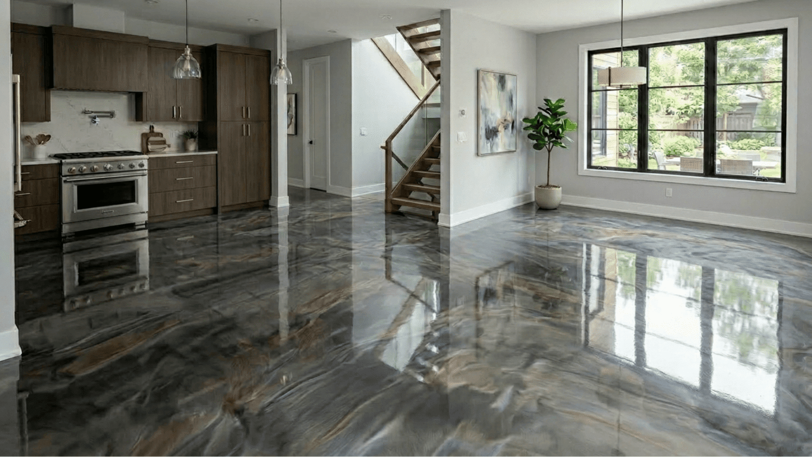 modern open-plan kitchen and living space with gloss marbled epoxy floor reflecting large windows and pendant lights air