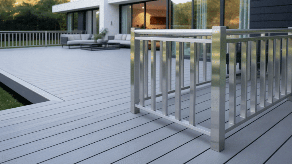 modern outdoor deck with gray composite boards and sleek metal railing beside a contemporary home with large doors and patio sofa
