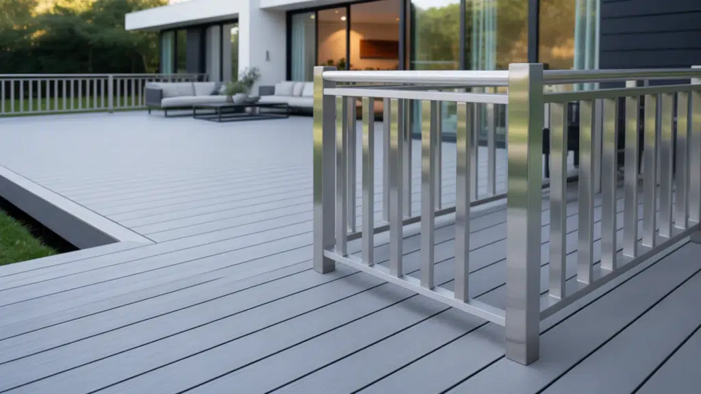 modern outdoor deck with gray composite boards and sleek metal railing beside a contemporary home with large doors and patio sofa