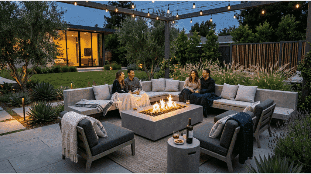 modern outdoor lounge area with fire pit seating, pergola, and landscaped backyard at night