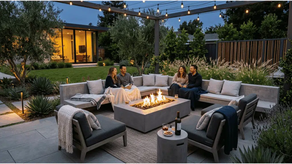 modern outdoor lounge area with fire pit seating, pergola, and landscaped backyard at night
