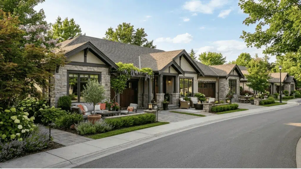 modern patio homes with cozy patios, greenery, and quiet residential street layout.