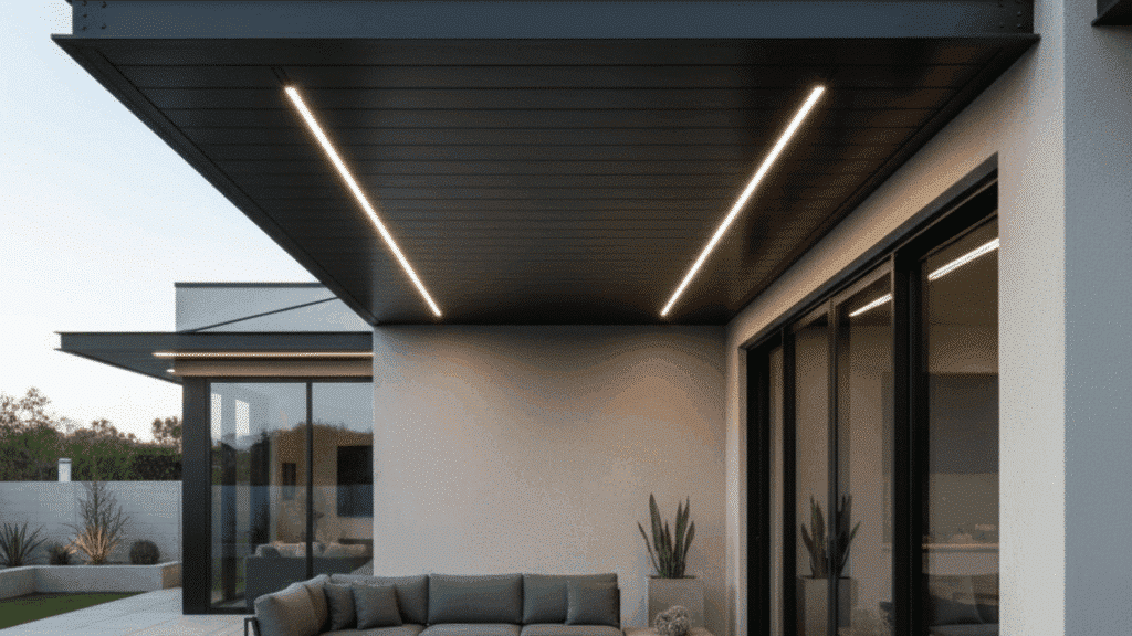 modern patio with a sleek, industrial metal awning, updated with fresh paint and stylish fixtures