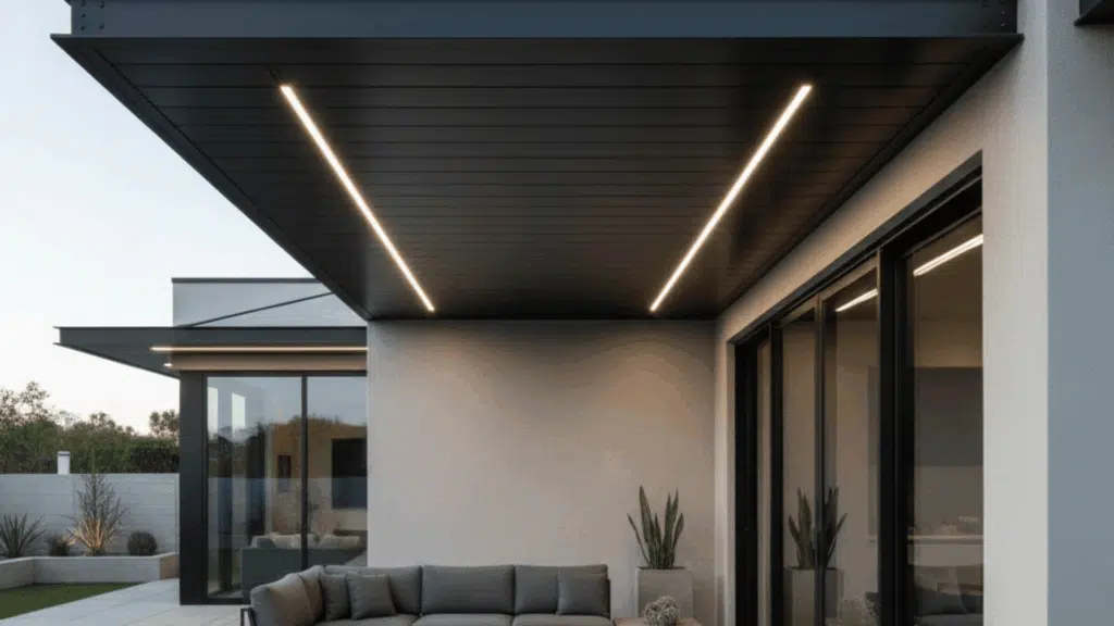 modern patio with a sleek, industrial metal awning, updated with fresh paint and stylish fixtures