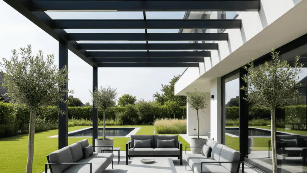 modern patio with a steel frame and glass panels, letting light flood the space while keeping the weather out.