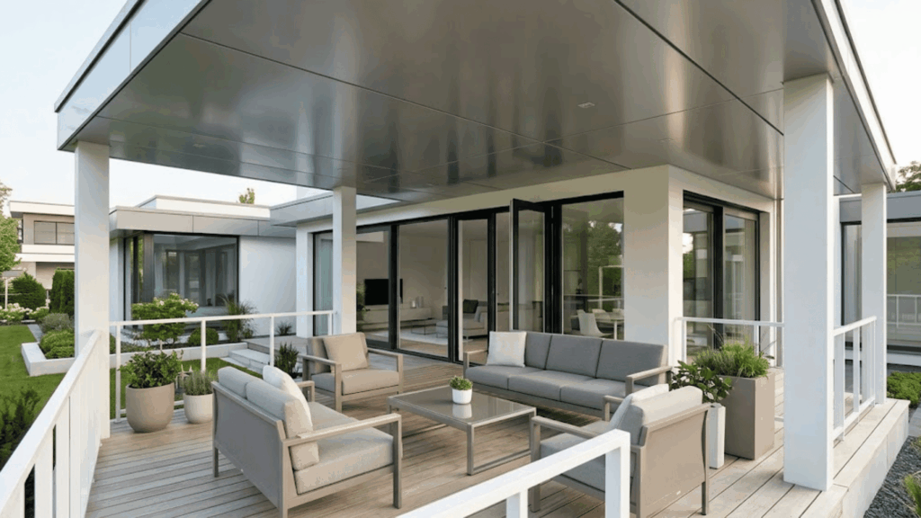 modern porch with sleek aluminum ceiling panels, white columns, glass sliding doors, minimalist outdoor seating, and a light wood deck.