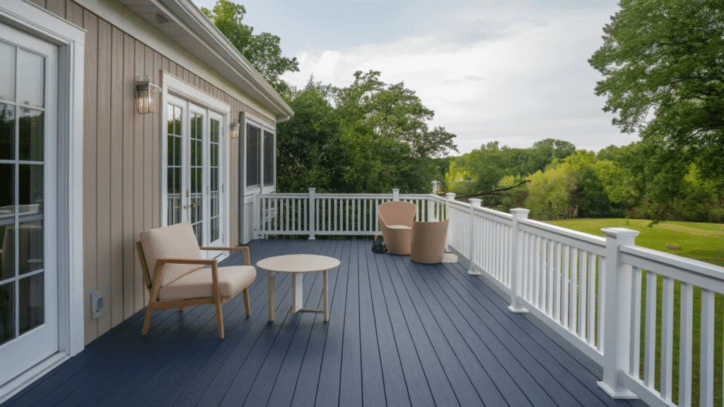 modern seating, a white railing, and a table, surrounded by green landscape.